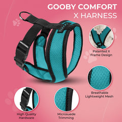 Gooby Comfort X, arnés para perro mediano, turquesa, vista lateral, mayor control suave.