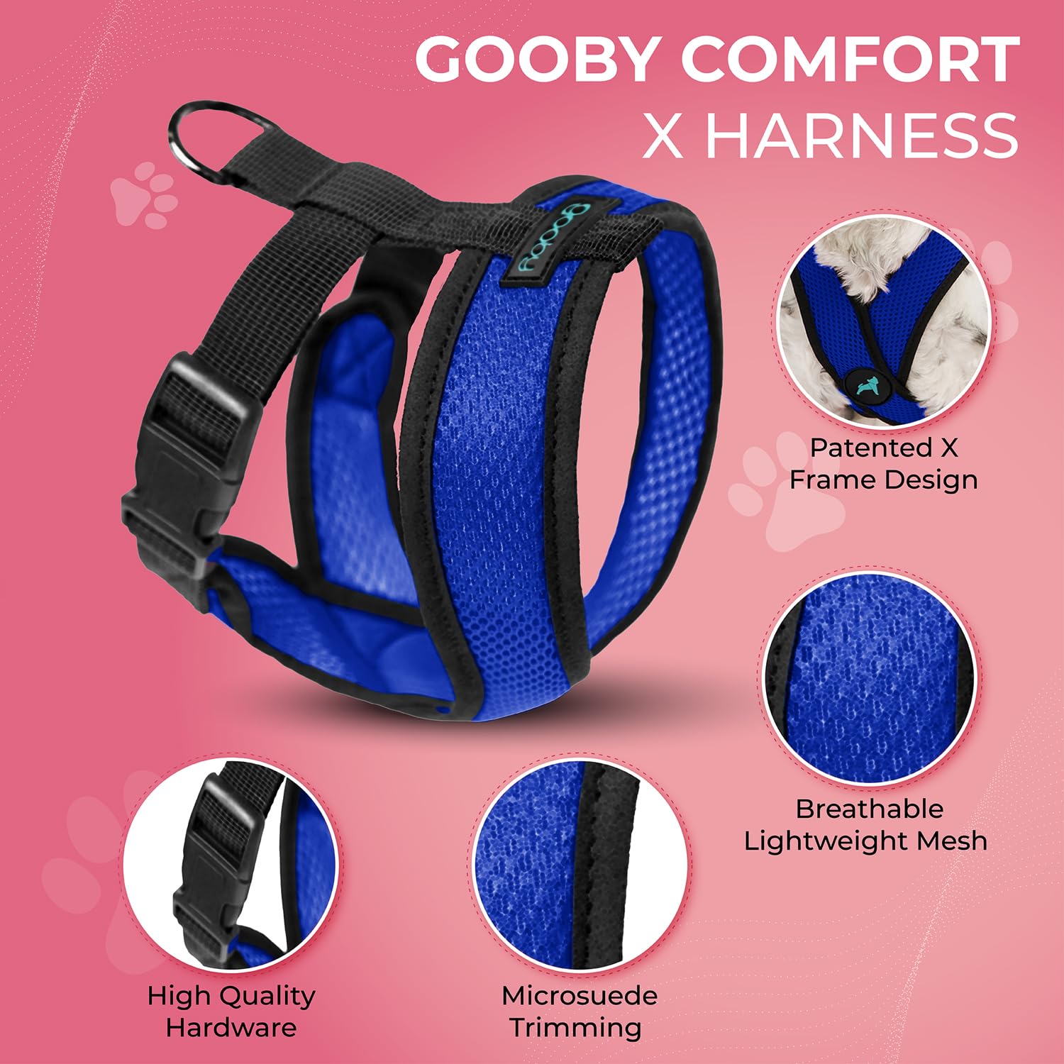 Gooby Comfort X Harness azul, detalle de ajuste de pecho para uso diario.