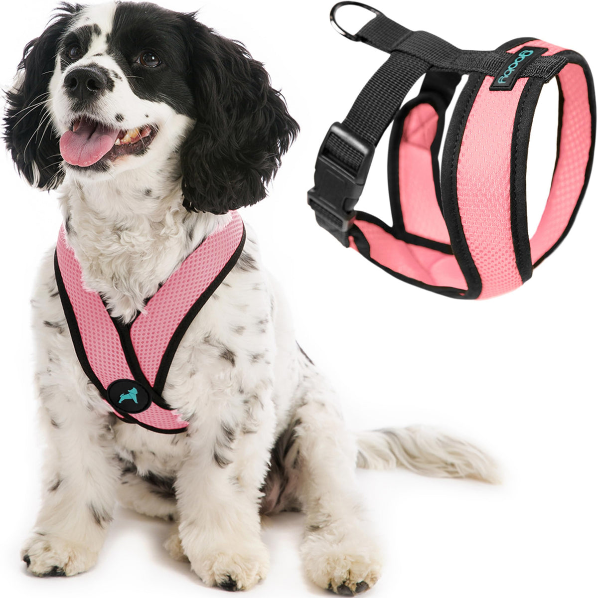 Gooby Comfort X Harness rosa, vista frontal, diseño sin tirones para perros pequeños.
