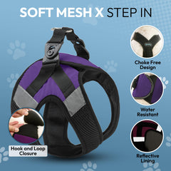 Gooby Soft Mesh X Step-In en purpura: cierre ajustable abrazando el pecho con suavidad.
