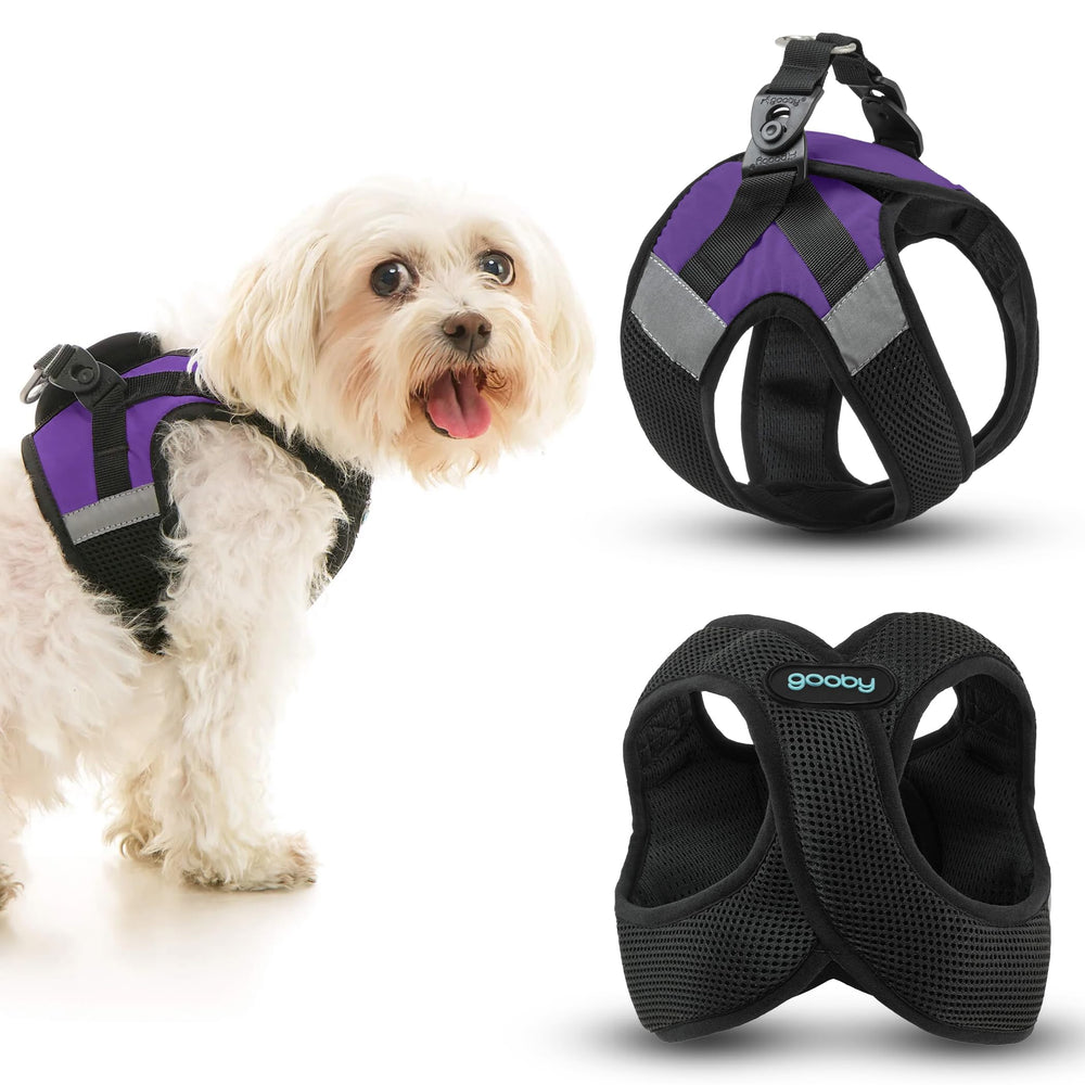 Gooby Soft Mesh X Step-In en purpura: frente del arnés para ajuste cómodo y seguro.
