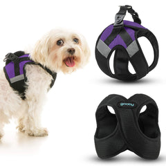 Gooby Soft Mesh X Step-In en purpura: frente del arnés para ajuste cómodo y seguro.