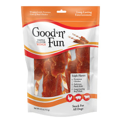 GOOD N FUN ala-sabor-triple pollo-cerdo-res: snack proteico para perros activos.