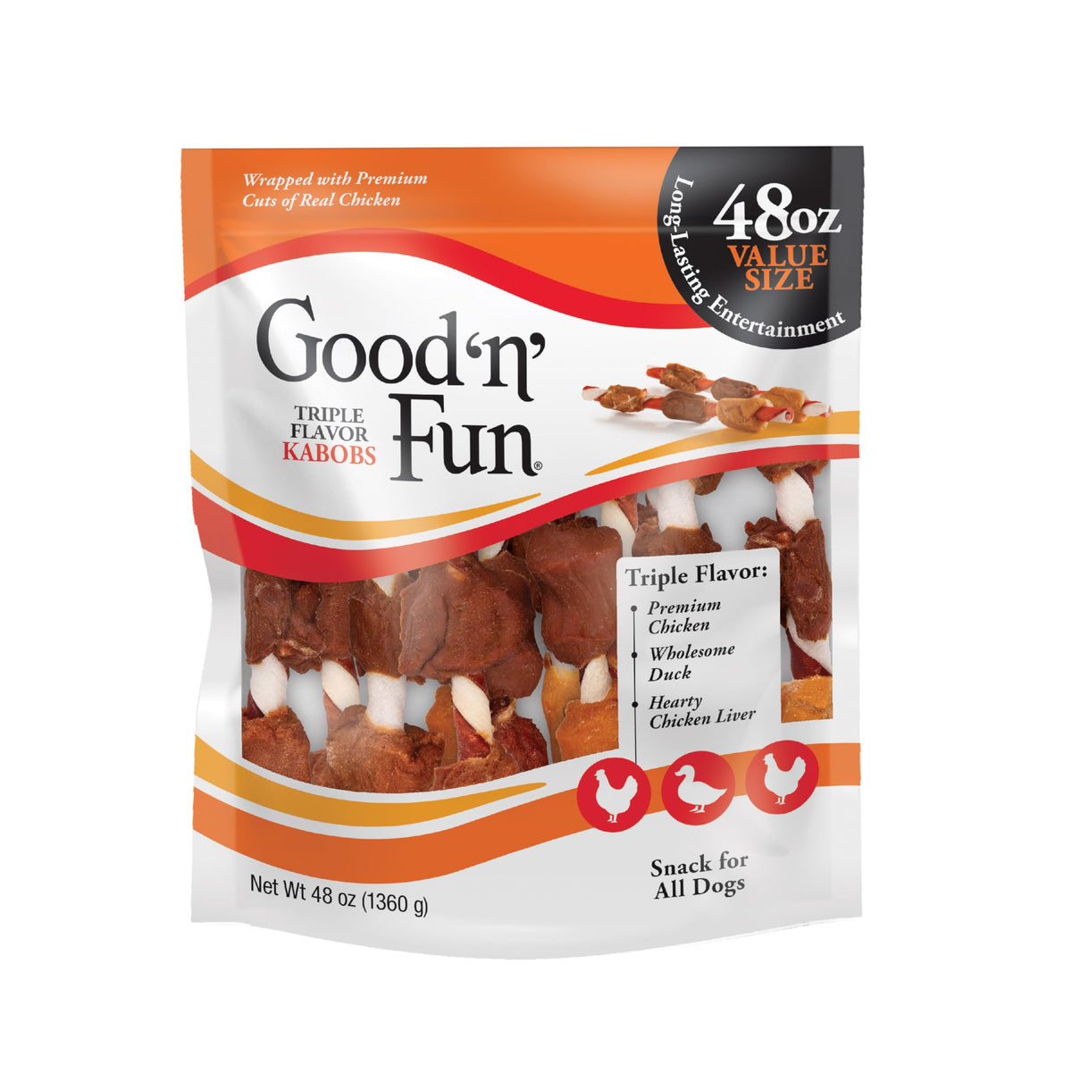 GOOD 'N' FUN brochetas triple sabor en empaque práctico para perros activos.