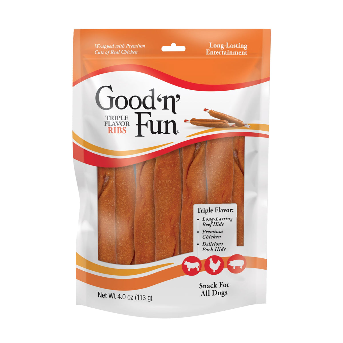 GOOD 'N' FUN Costillas de sabor triple, chews de carne para perros, sabor intenso.