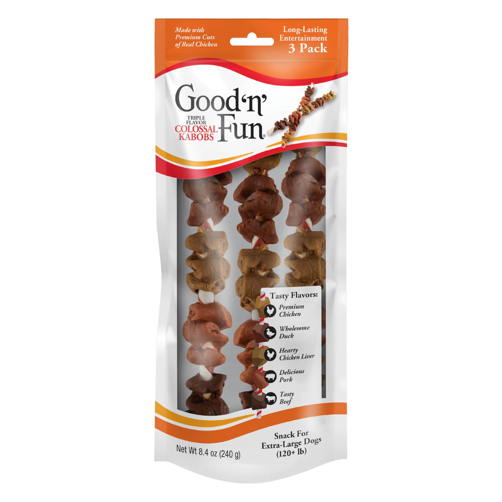 GOOD 'N' FUN Kabobs mordisco triple sabor para perros grandes, masticable y sabroso