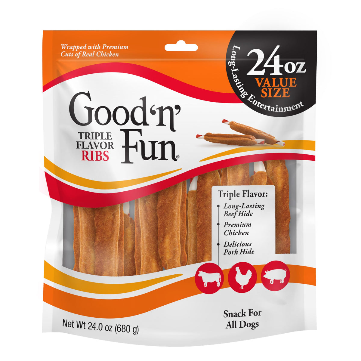 GOOD 'N' FUN masticables de costillas triple sabor, paquete 24 oz, ideal para masticar