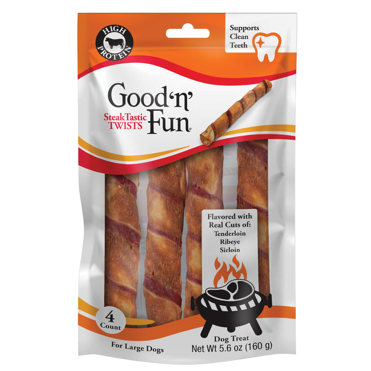 GOOD 'N' FUN tiras de bistec para perros grandes, sabor intenso y masticación prolongada.