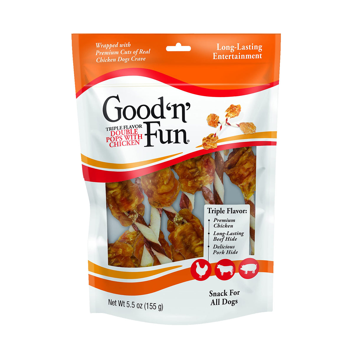 Good 'n' Fun pops dobles de triple sabor con pollo, ideal para masticación.