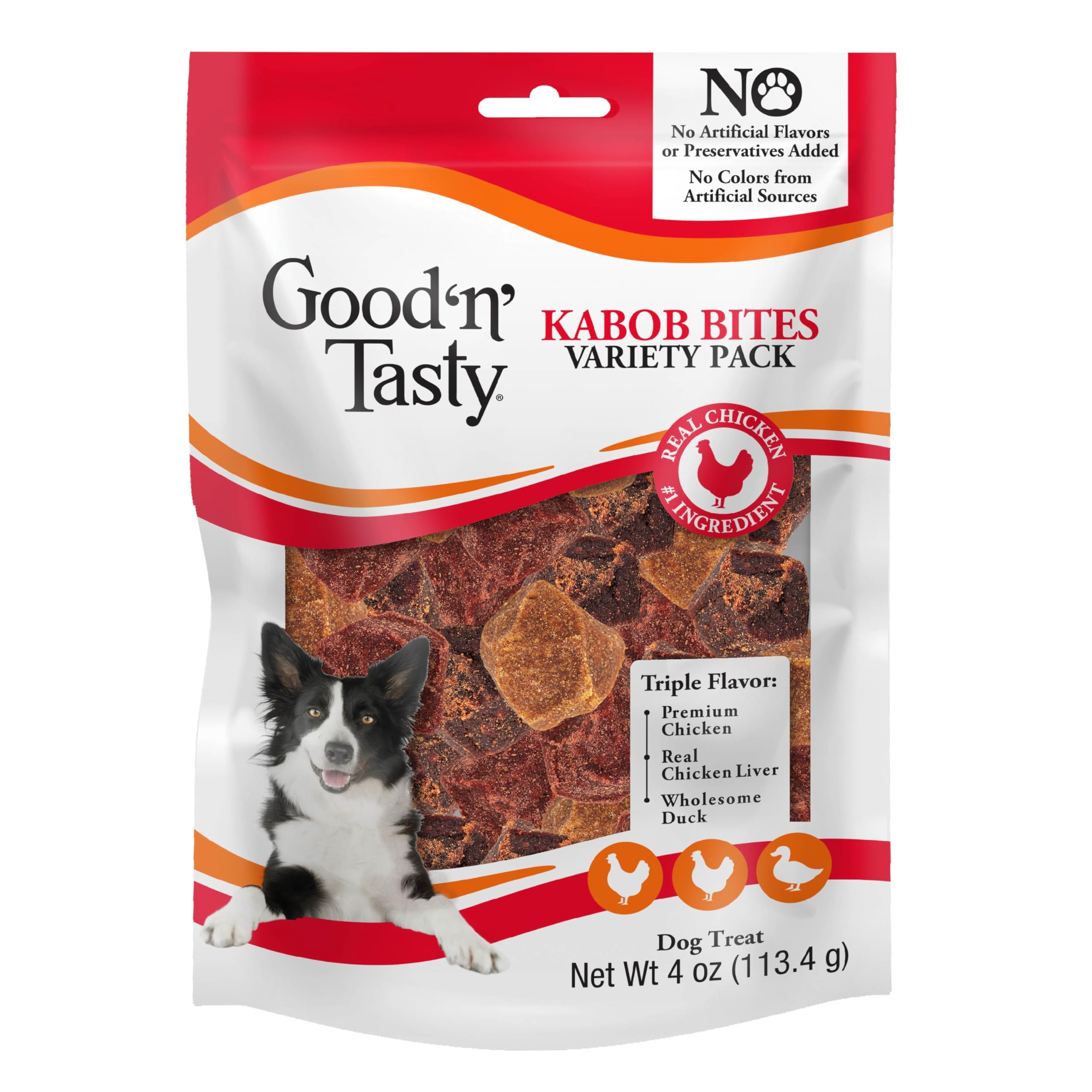 Good 'n' Tasty Kabob Bites con pollo, textura suave para perros activos.