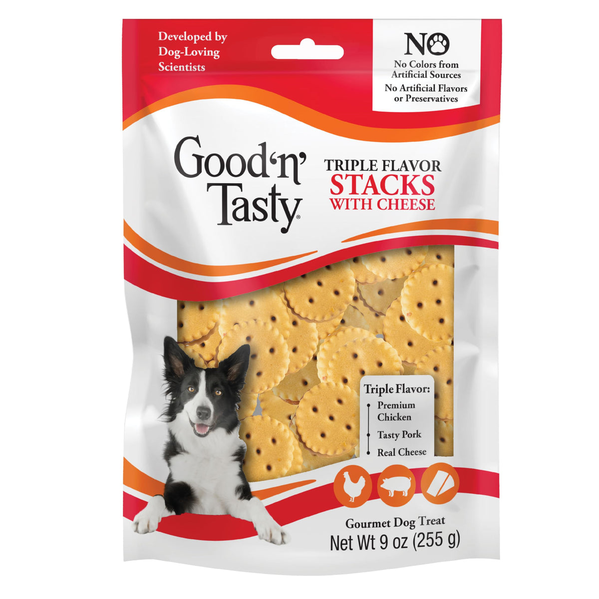 Good N Tasty, tres sabores queso pollo, premio delicioso para perros.