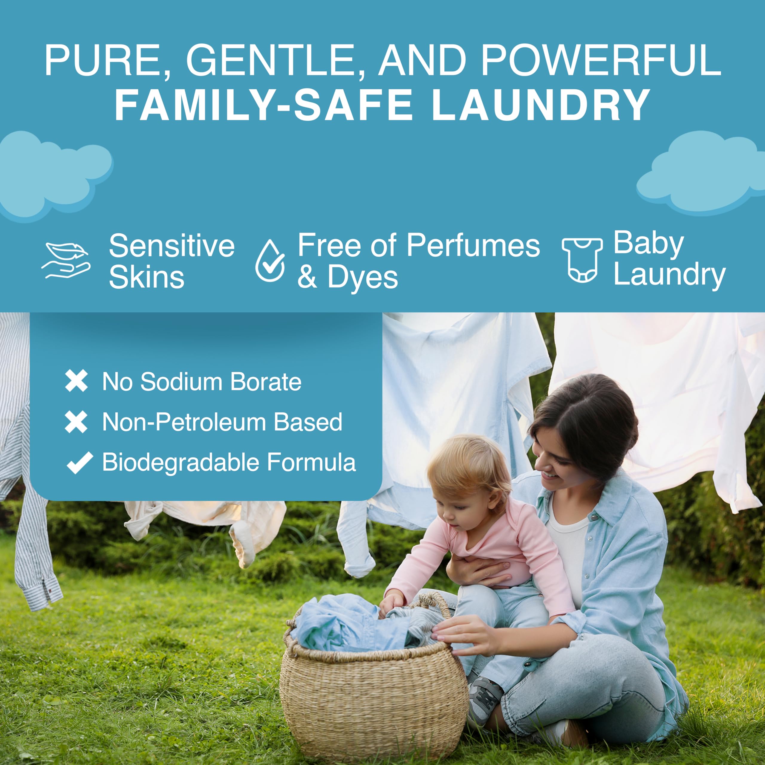 Etiqueta frontal del detergente Good Natured Brand, libre de fragancia para piel sensible.