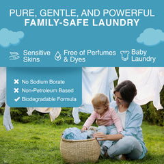 Etiqueta frontal del detergente Good Natured Brand, libre de fragancia para piel sensible.