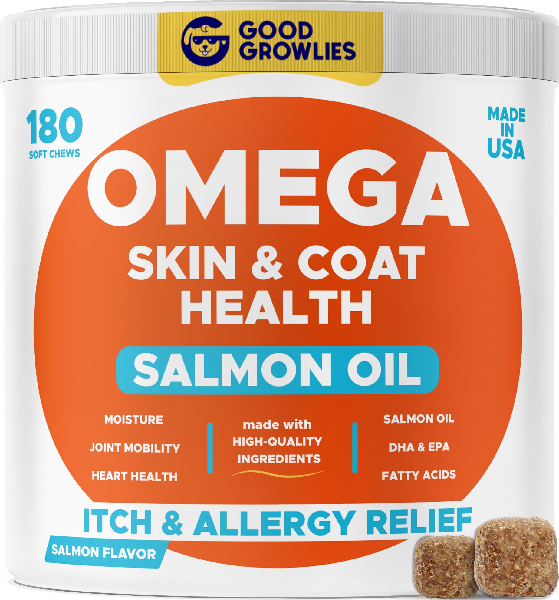 GOODGROWLIES Omega 3 para perros: bocaditos para piel y pelaje saludables.