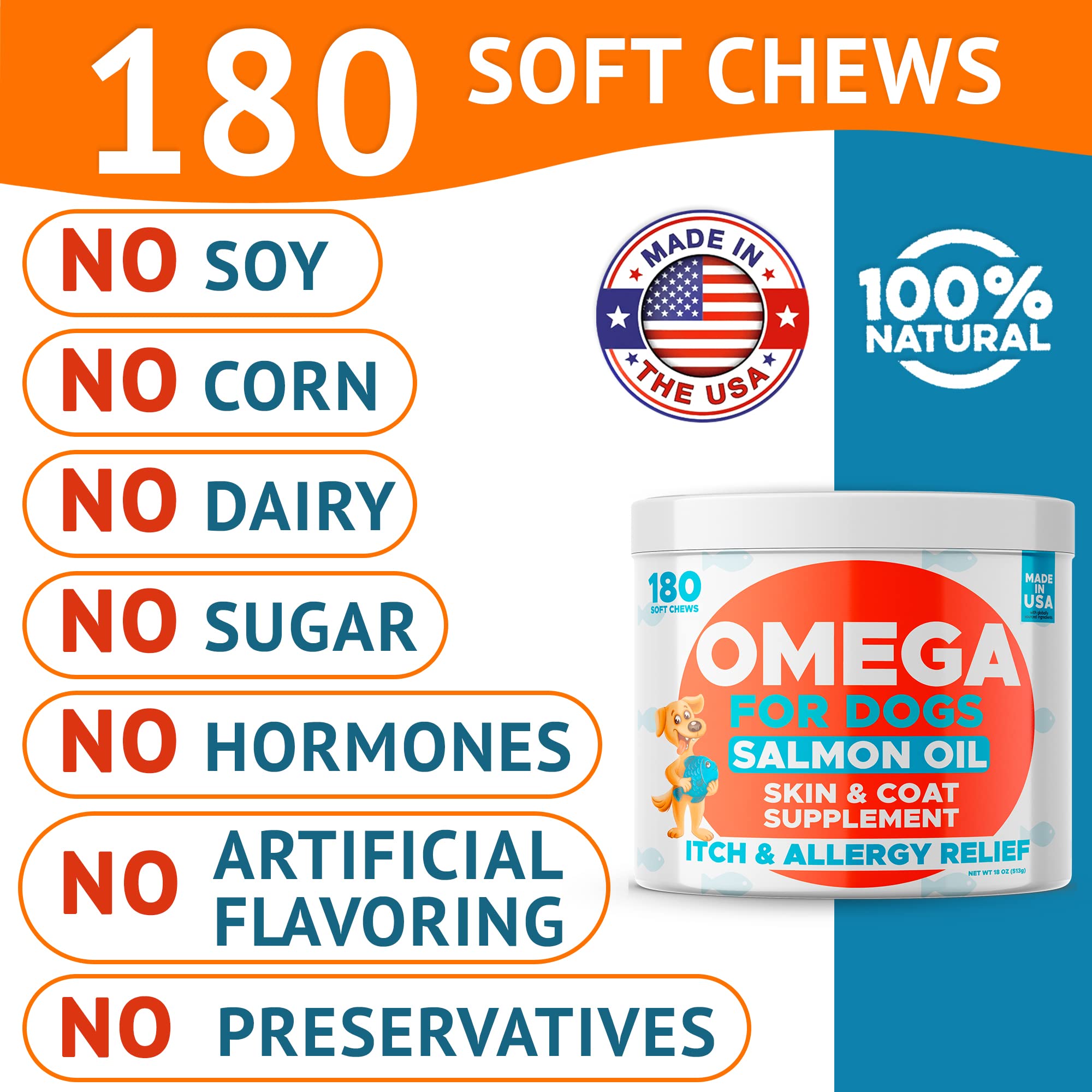 GOODGROWLIES Omega 3 para perros: frasco de 180 bocaditos para suministro mensual.