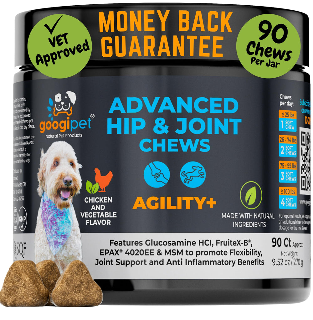 GOOGIPET Premium: botella de gomitas glucosamina para apoyar la movilidad diaria de perros.
