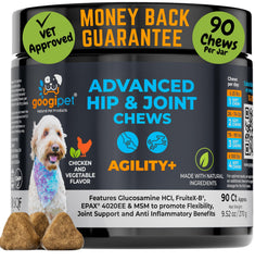 GOOGIPET Premium: botella de gomitas glucosamina para apoyar la movilidad diaria de perros.