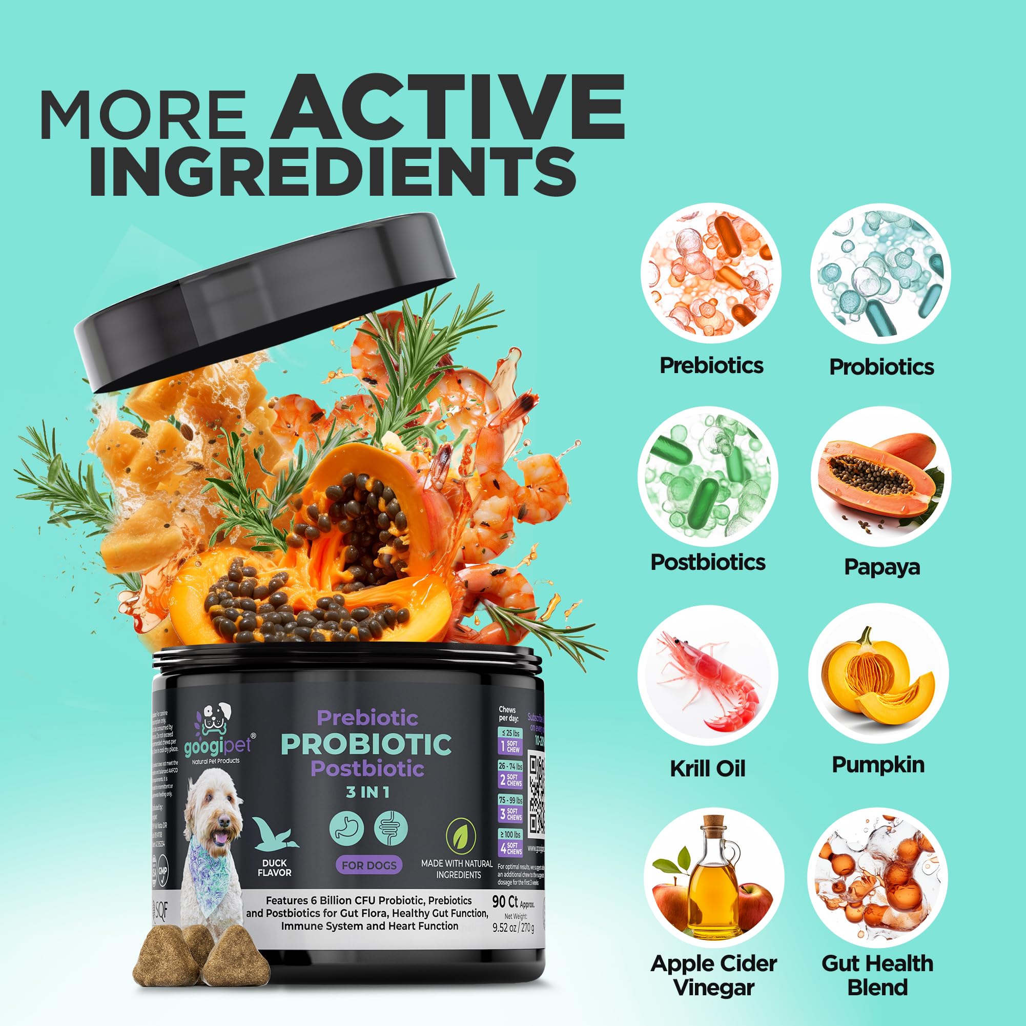 GOOGIPET NATURAL PET PRODUCTS: googipet-probiotics-perros-calabaza-papaya, fibra natural para tránsito suave.