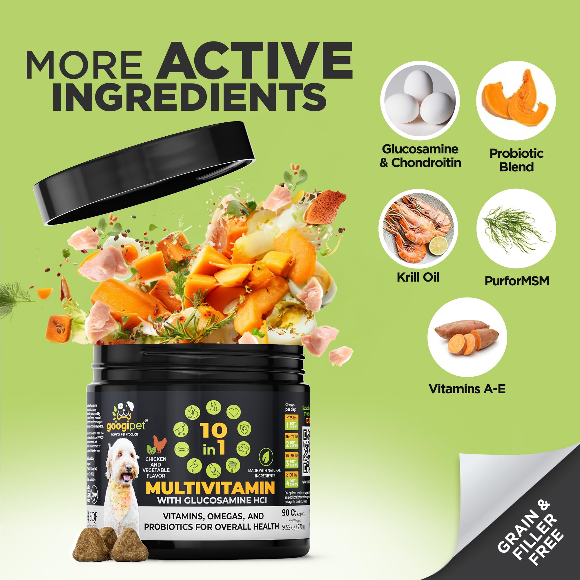 Googipet sabor pollo, masticable delicioso que muchos perros aceptan.