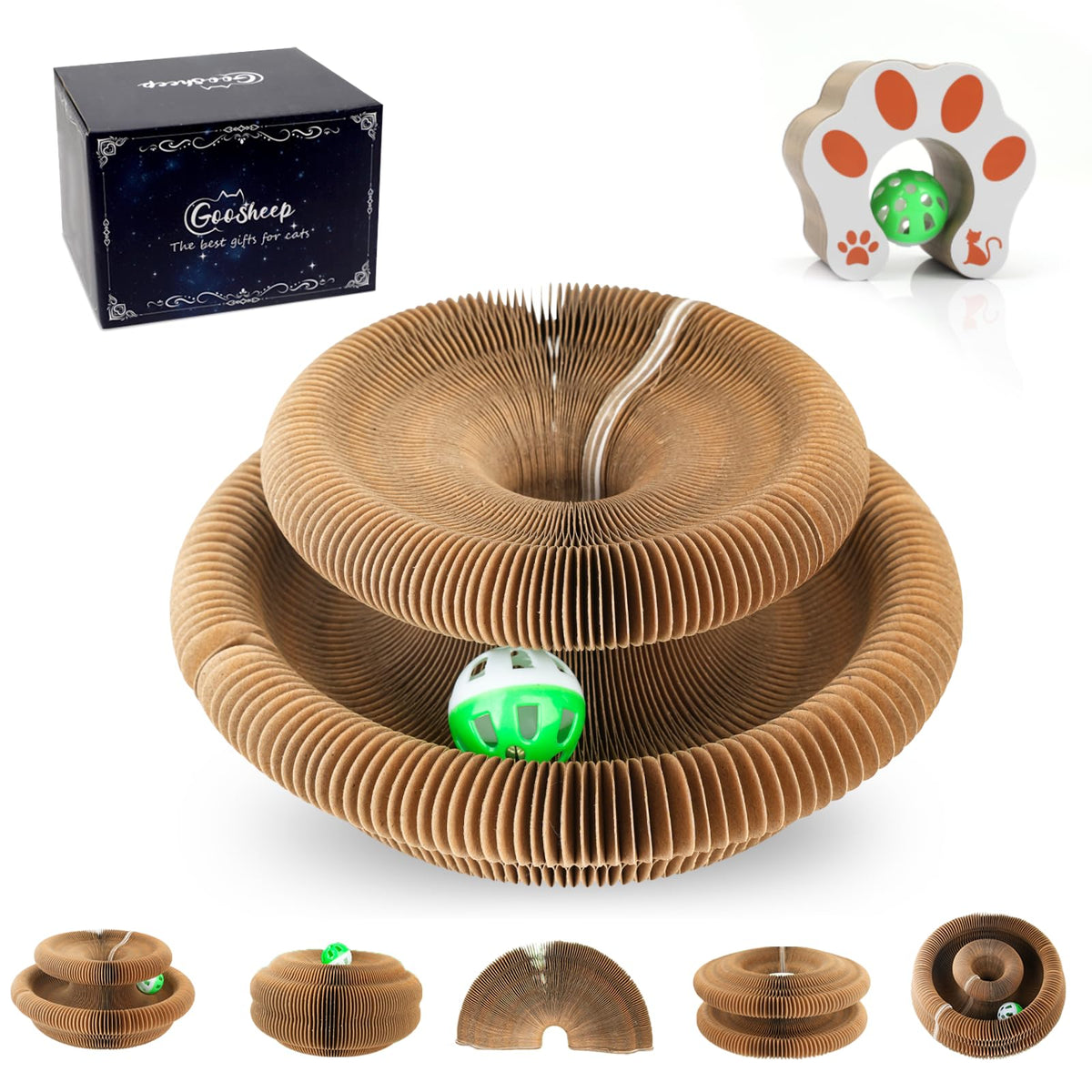 Goosheep Kitty Kurlz muestra el acordeón rascador para gatos, ideal para juego diario.