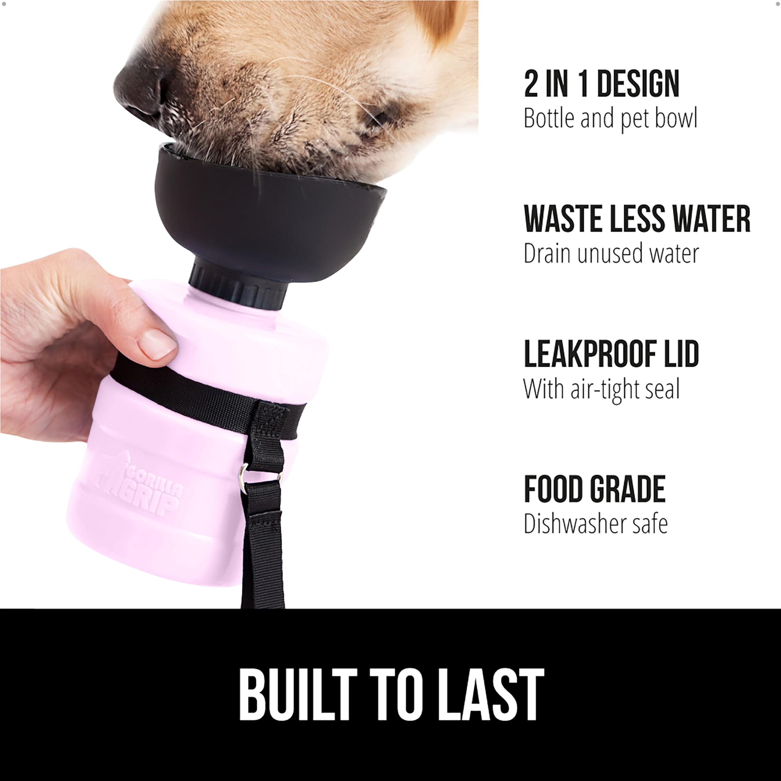 Gorilla Grip, bebedero 2 en 1 rosa para hidratar a tu mascota en ruta