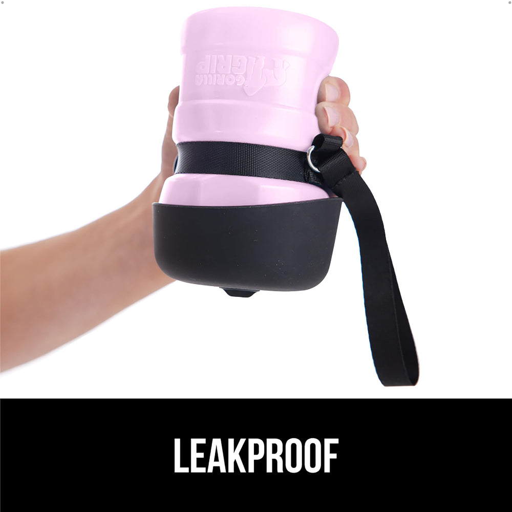 GORILLA GRIP Correa y mosquetón rosa para llevar la botella con manos libres.