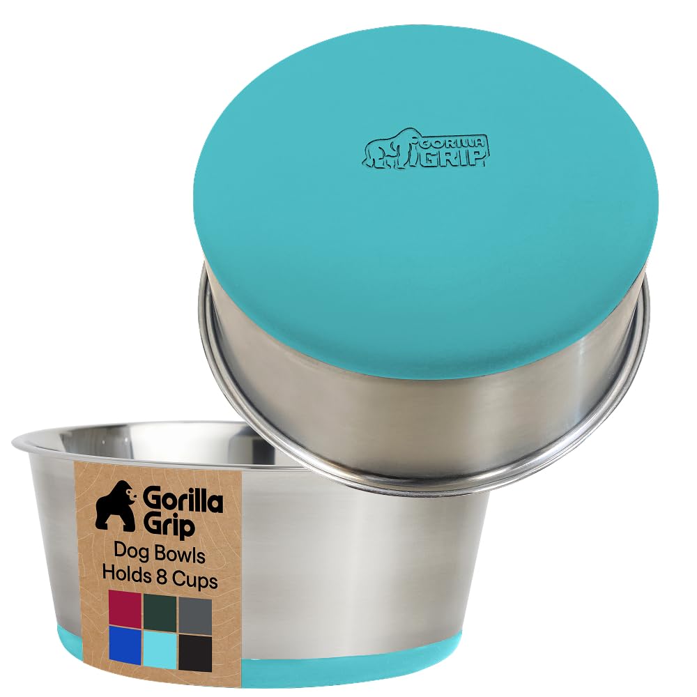 Tazón Gorilla Grip de acero inoxidable, 8 tazas, turquesa, ideal para comida de mascotas.