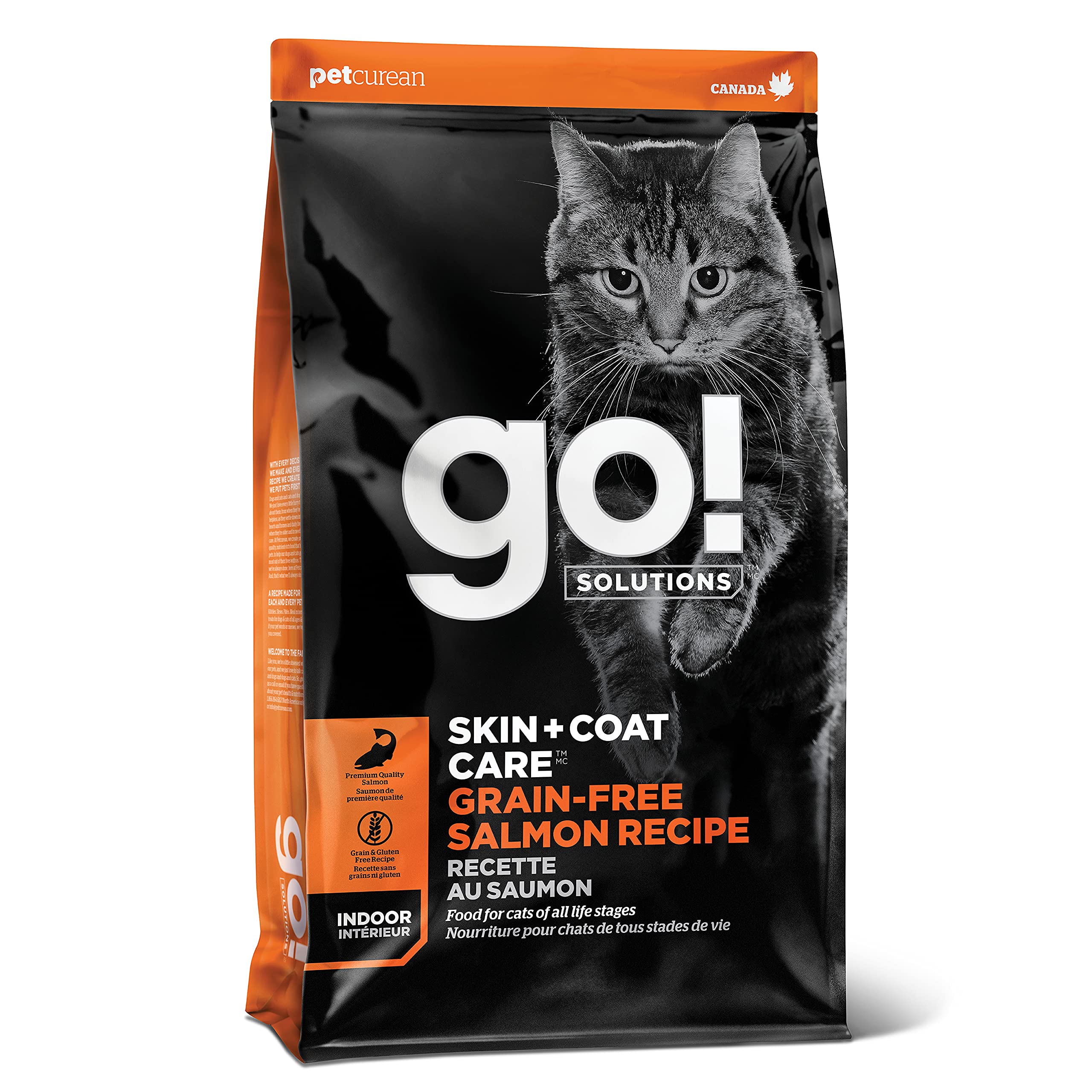 Go! Solutions empaque cuidado piel y pelaje con salmón, alimento seco para gatos.