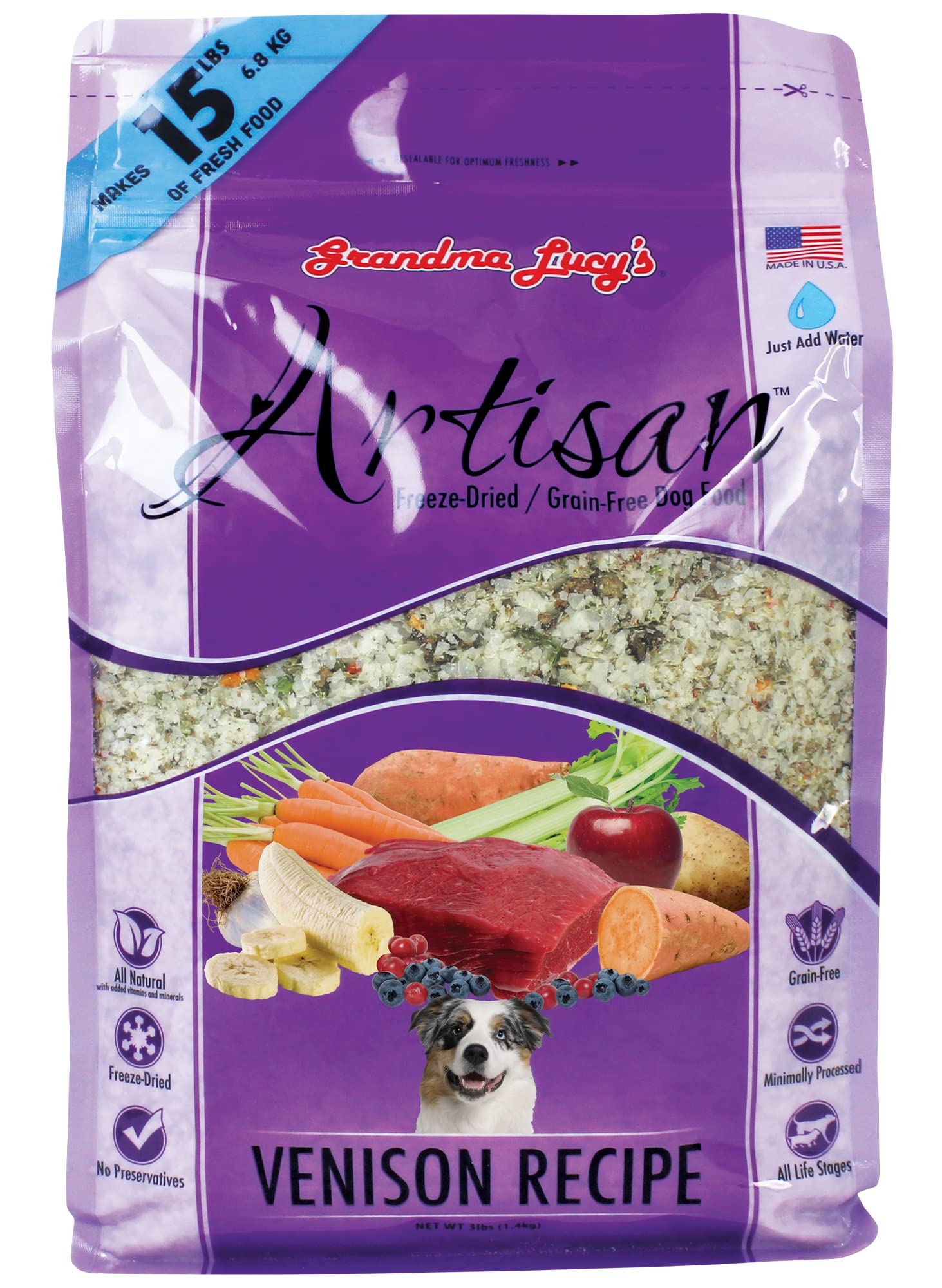 Grandma Lucy's alimento artesanal para perros con venado, bolsa visible, fácil de almacenar