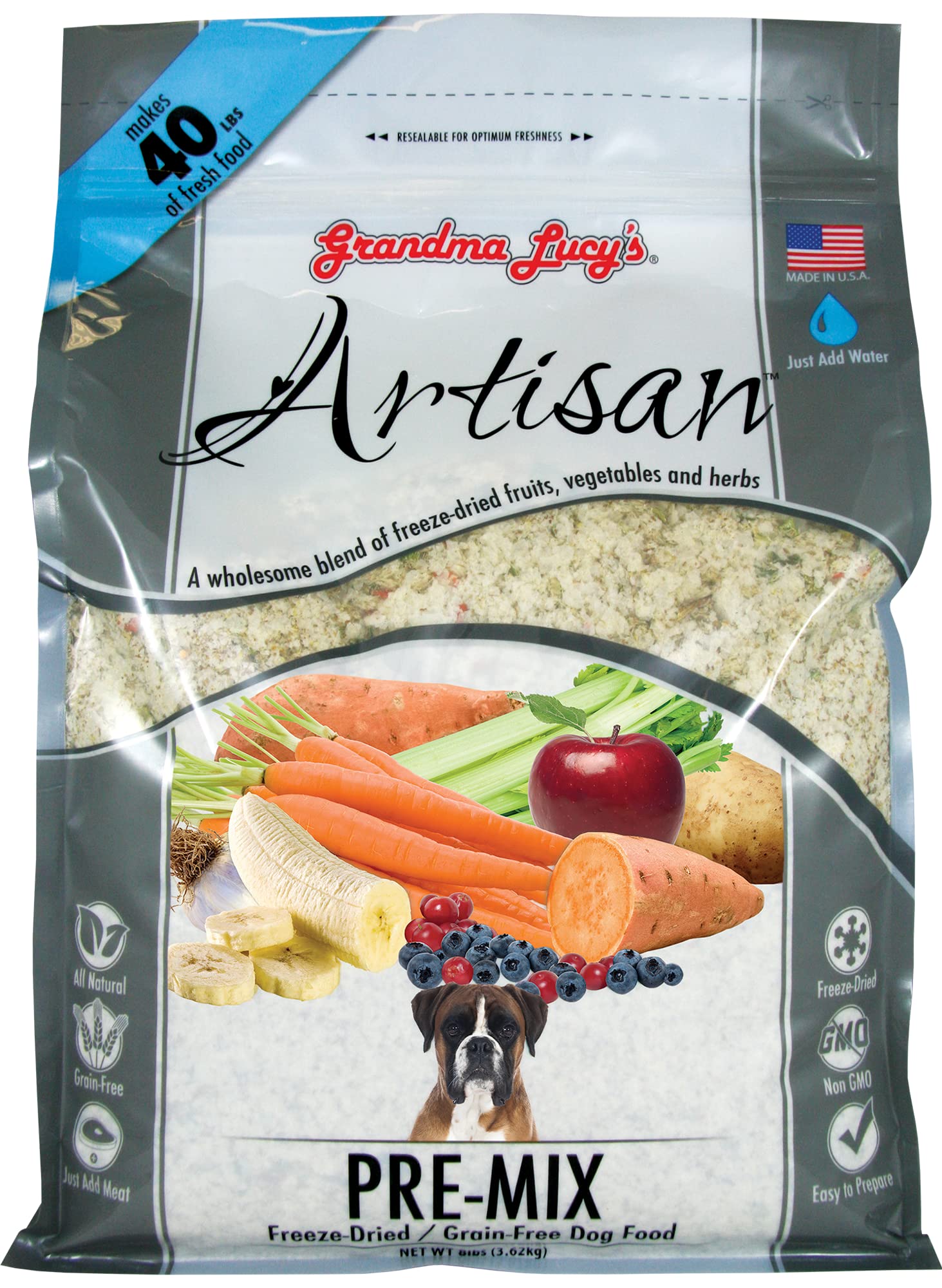 Bolsa de 8lb de Grandma Lucy's Pre-Mix Artesanal, ideal para complementar proteínas.