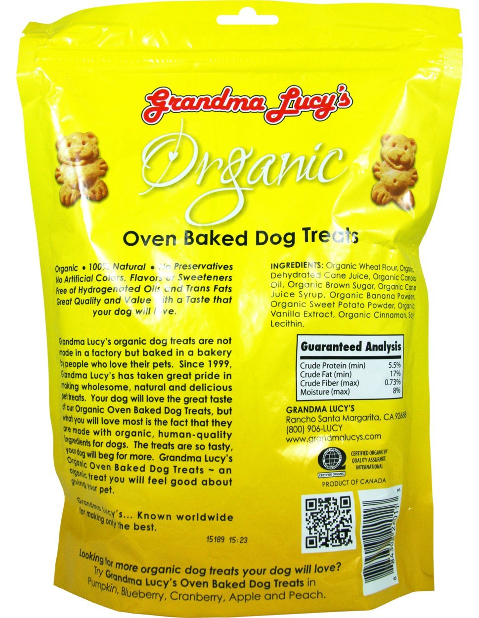 Etiqueta de Grandma Lucy's con ingredientes orgánicos de grado humano.