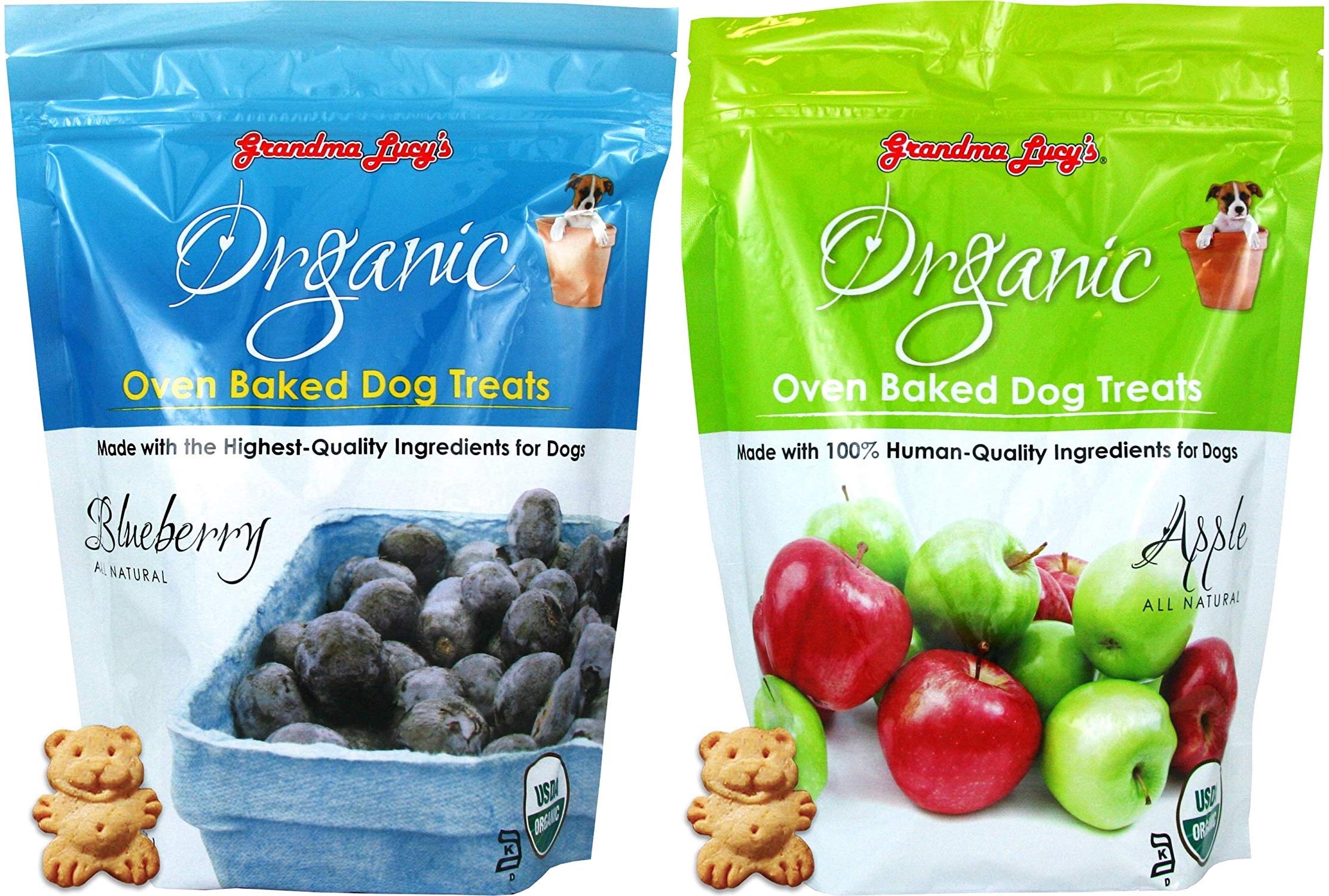 Grandma Lucy's bocadillos para perros, empaque del pack arándano y manzana, snack orgánico.