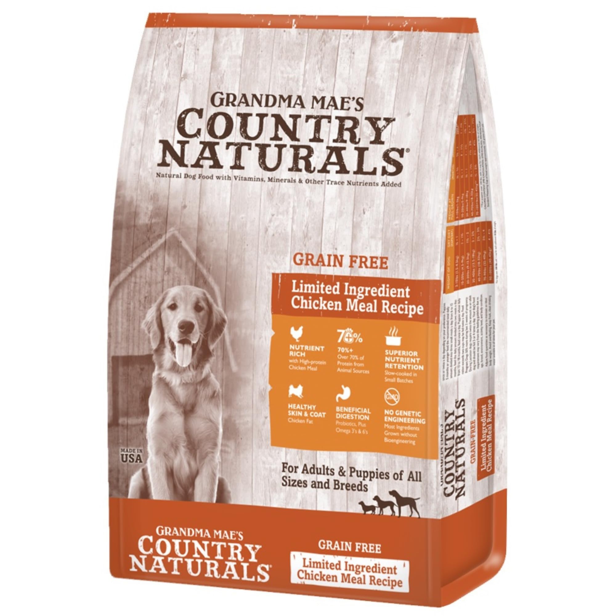 Grandma Mae's Country Naturals alimento seco para perros de pollo cocido lentamente, nutrición.