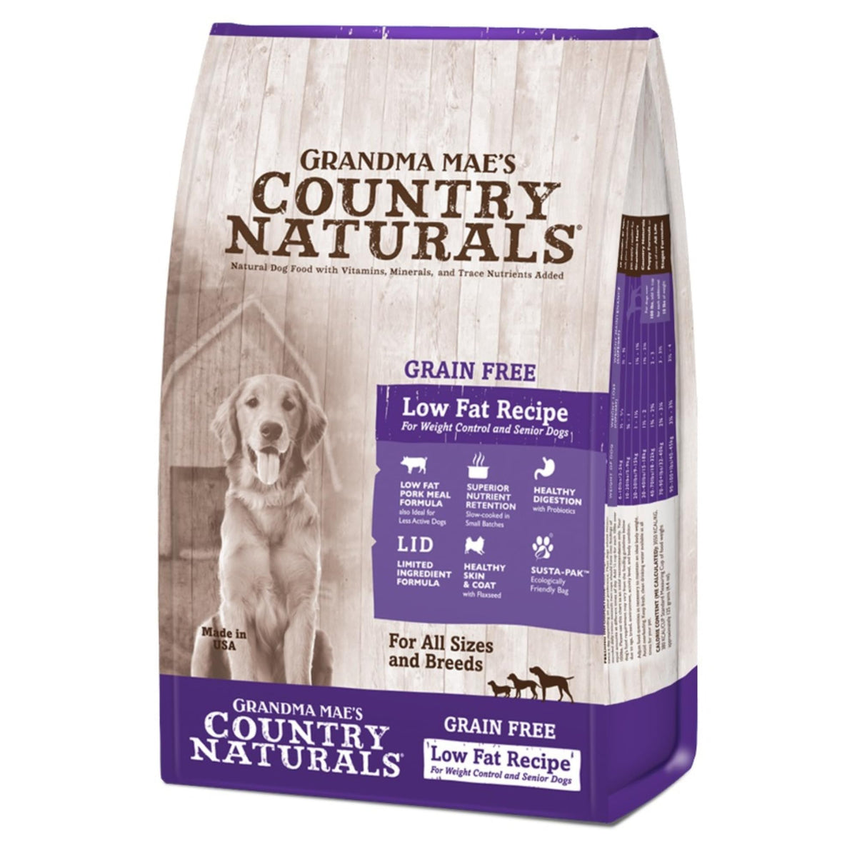 Grandma Mae's Country Naturals, alimento seco para perro con cerdo, opción para control de peso.