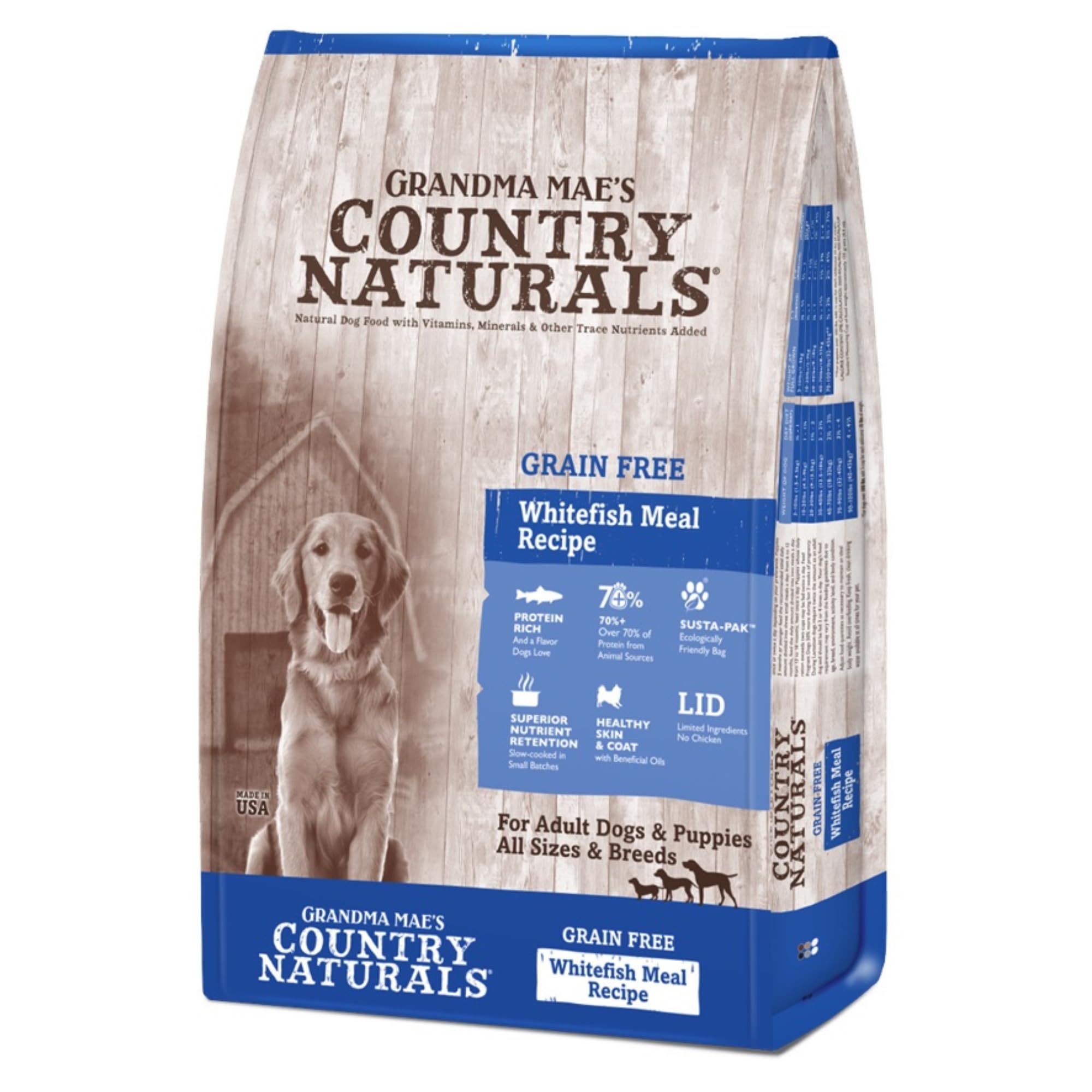 Grandma Maes Country Naturals, alimento seco de pescado blanco, nutrición equilibrada sin granos para perros.