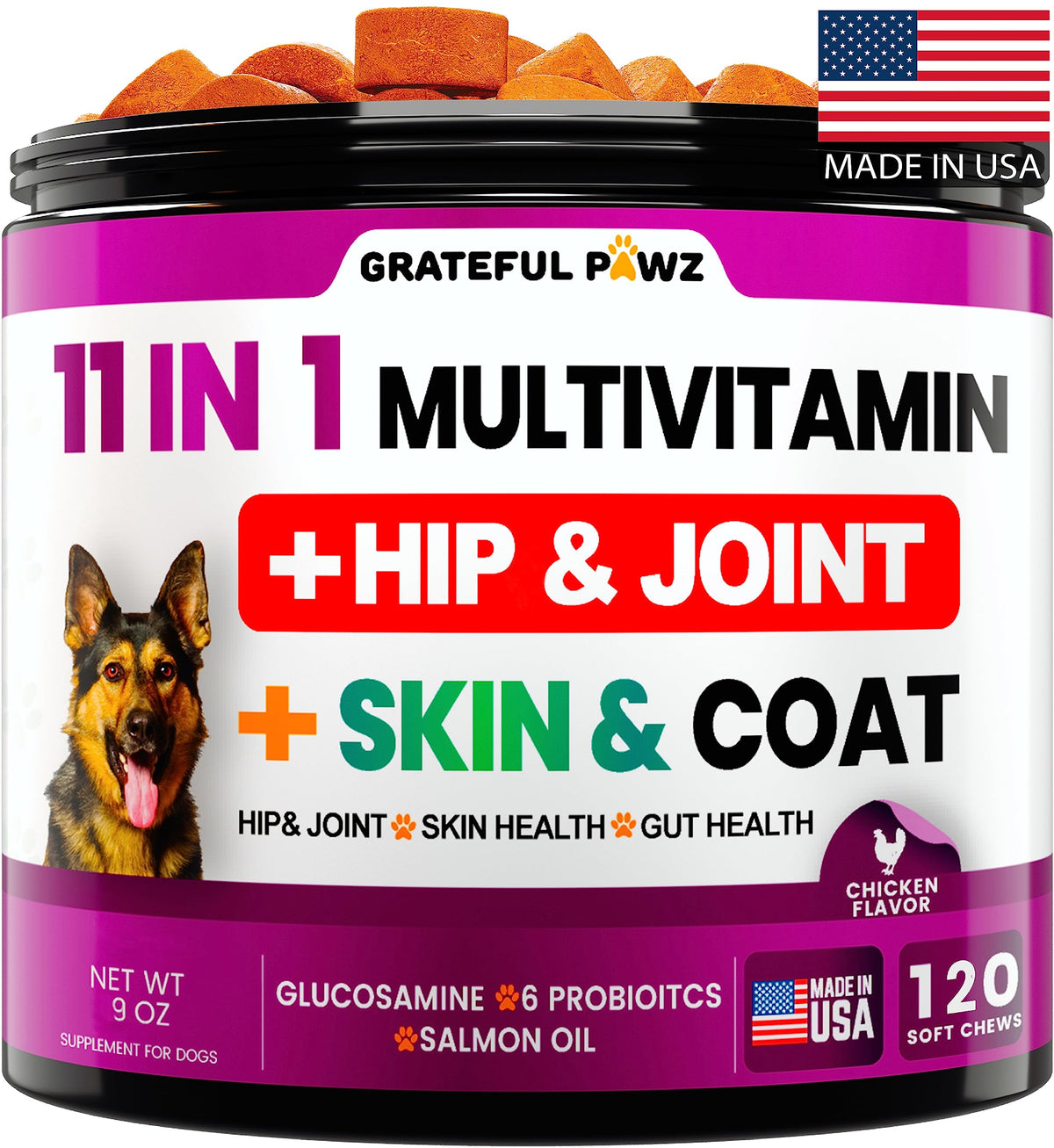 Grateful Pawz: botella de vitaminas 11 en 1 para perros que mejora movilidad