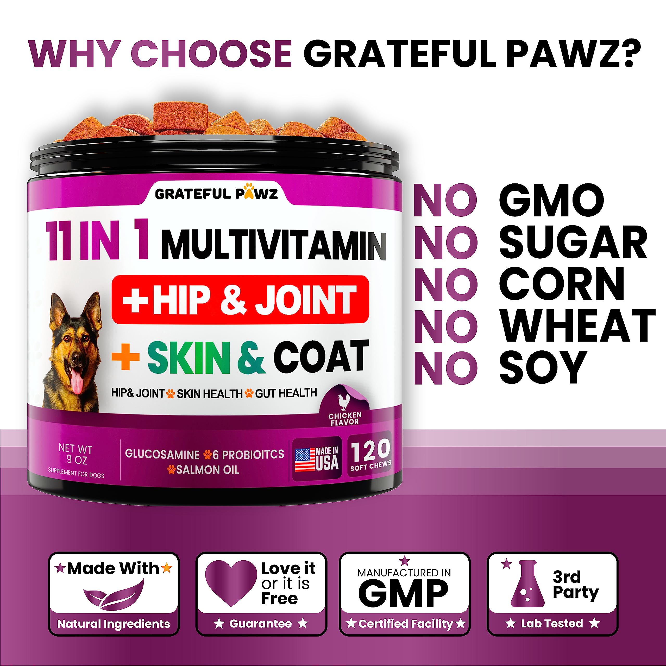 Grateful Pawz digestión optimizada con prebióticos y probióticos para perros