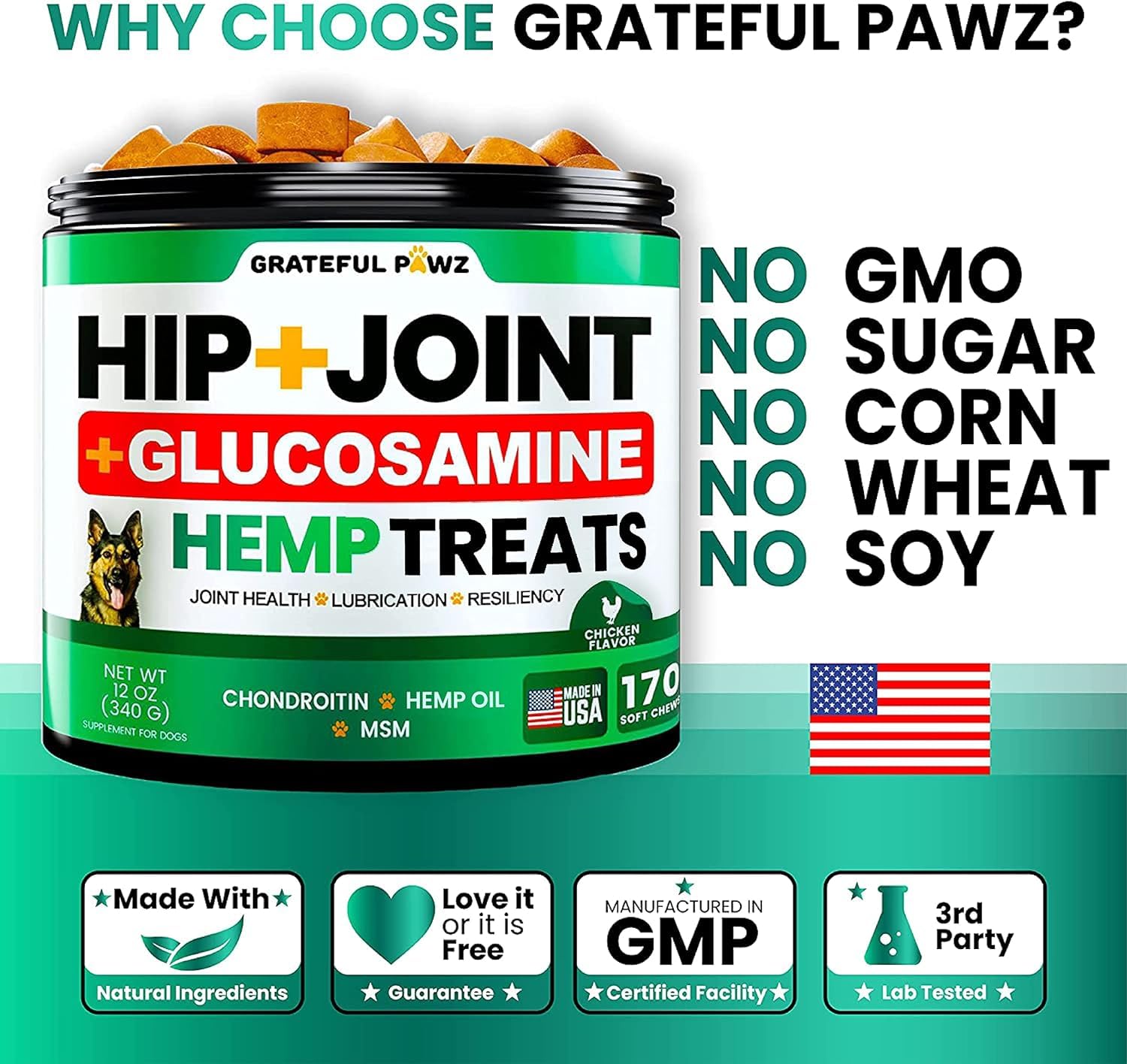 Grateful Pawz ingredientes naturales de EE.UU. para perros