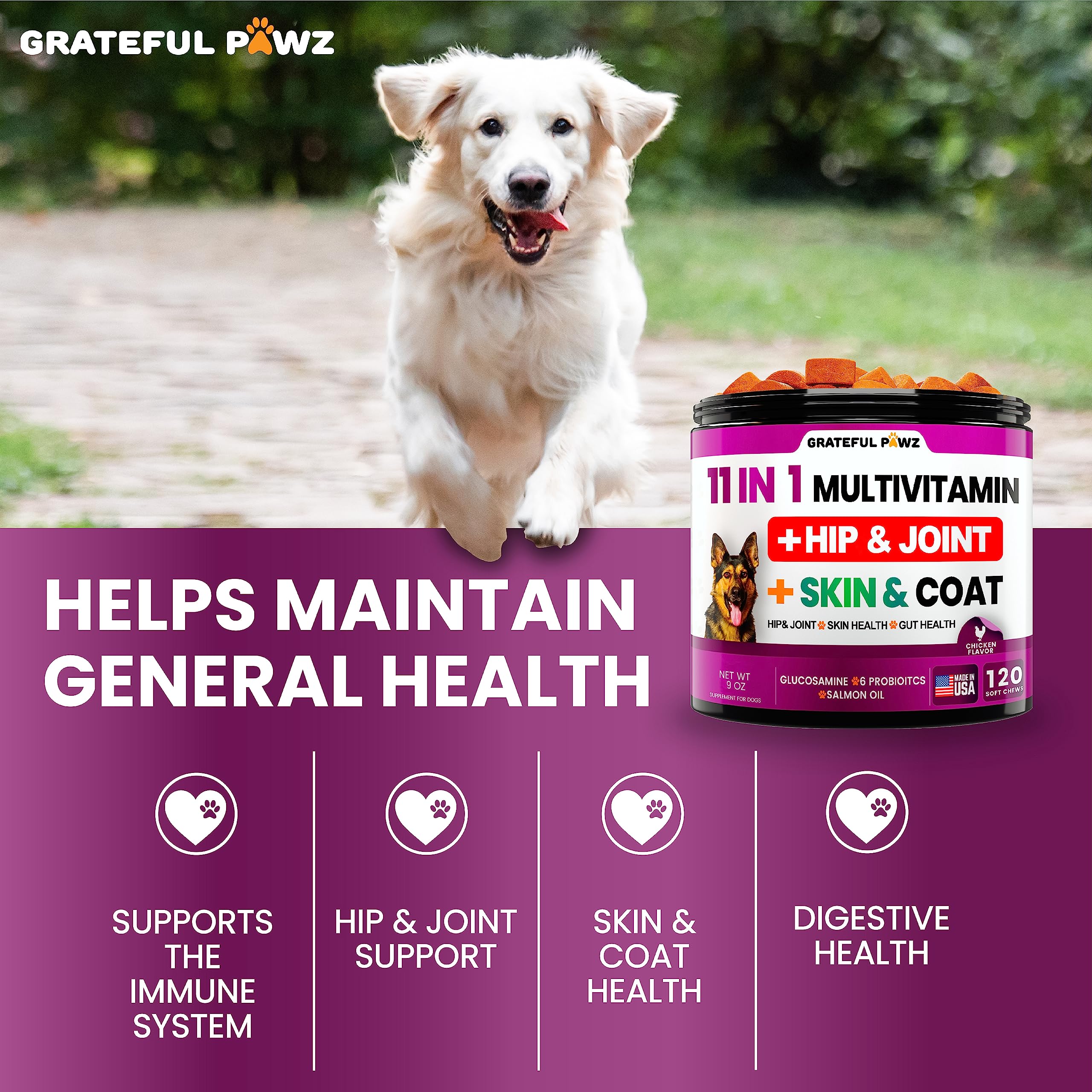 Grateful Pawz piel y pelaje saludables gracias a Omega-3 y condroitina