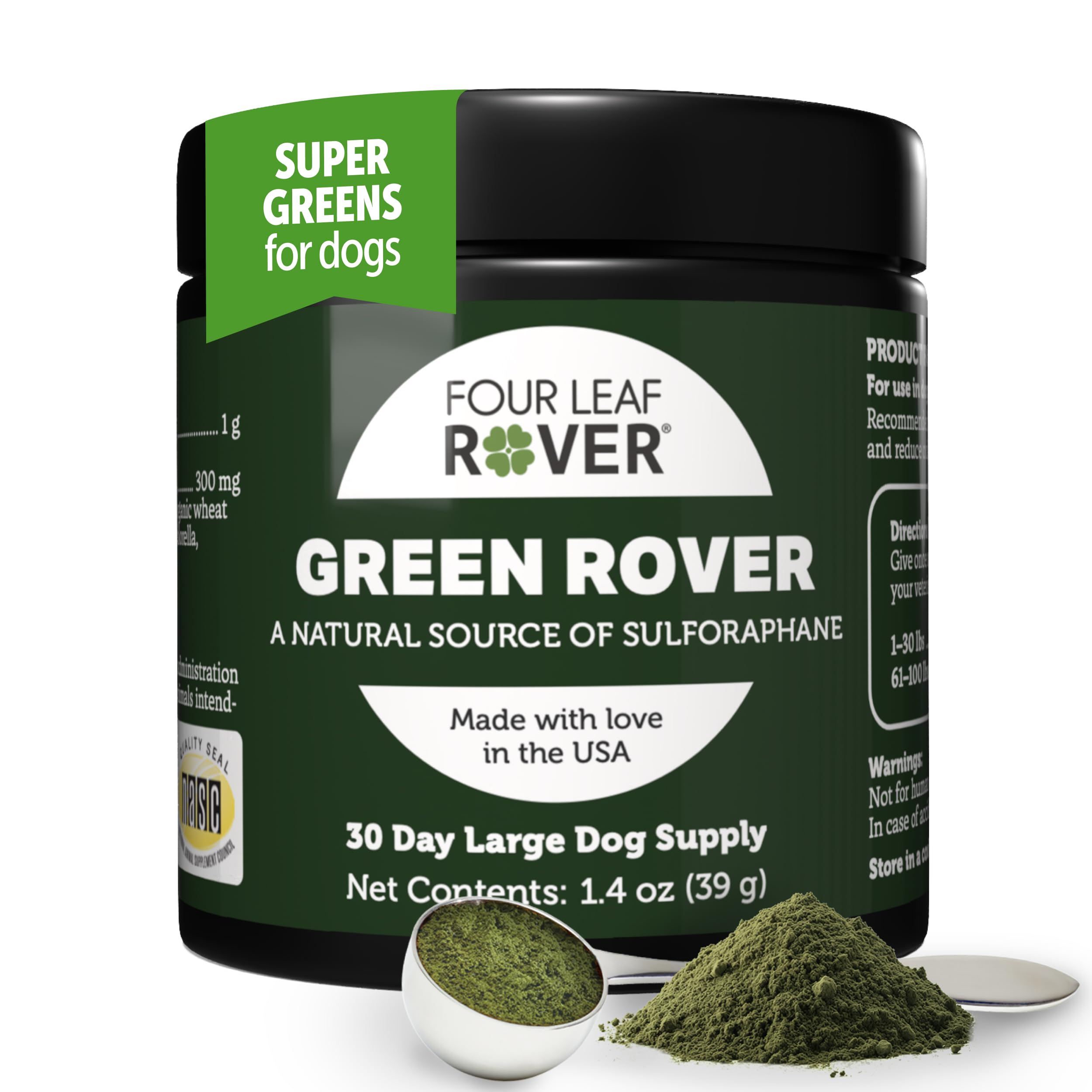 Green Rover de Four Leaf Rover, polvo de brócoli orgánico para perros activos, aporta antioxidantes.