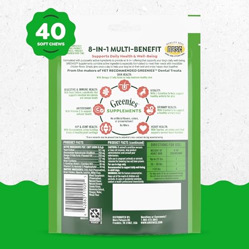 Greenies 8in-1 dog supplements pouch showing 40-count packaging.