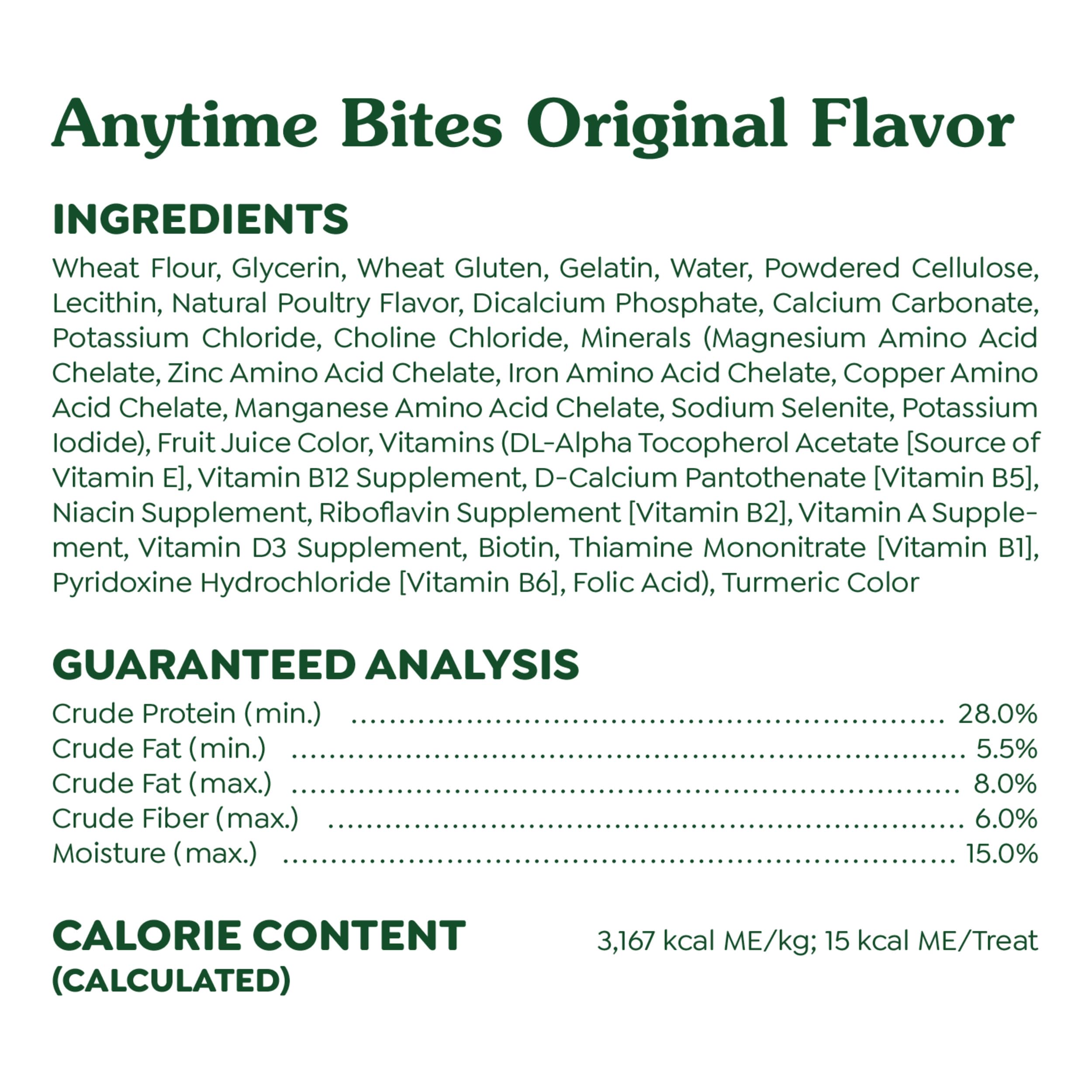Greenies Anytime Bites: contienen vitaminas y minerales para apoyar la salud diaria.