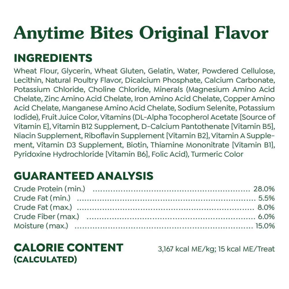 Greenies Anytime Bites: contienen vitaminas y minerales para apoyar la salud diaria.