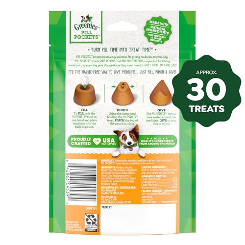 Greenies bolsillos-pastillas-perro-pollo, primer plano: cierre apretado oculta el sabor para medicación.