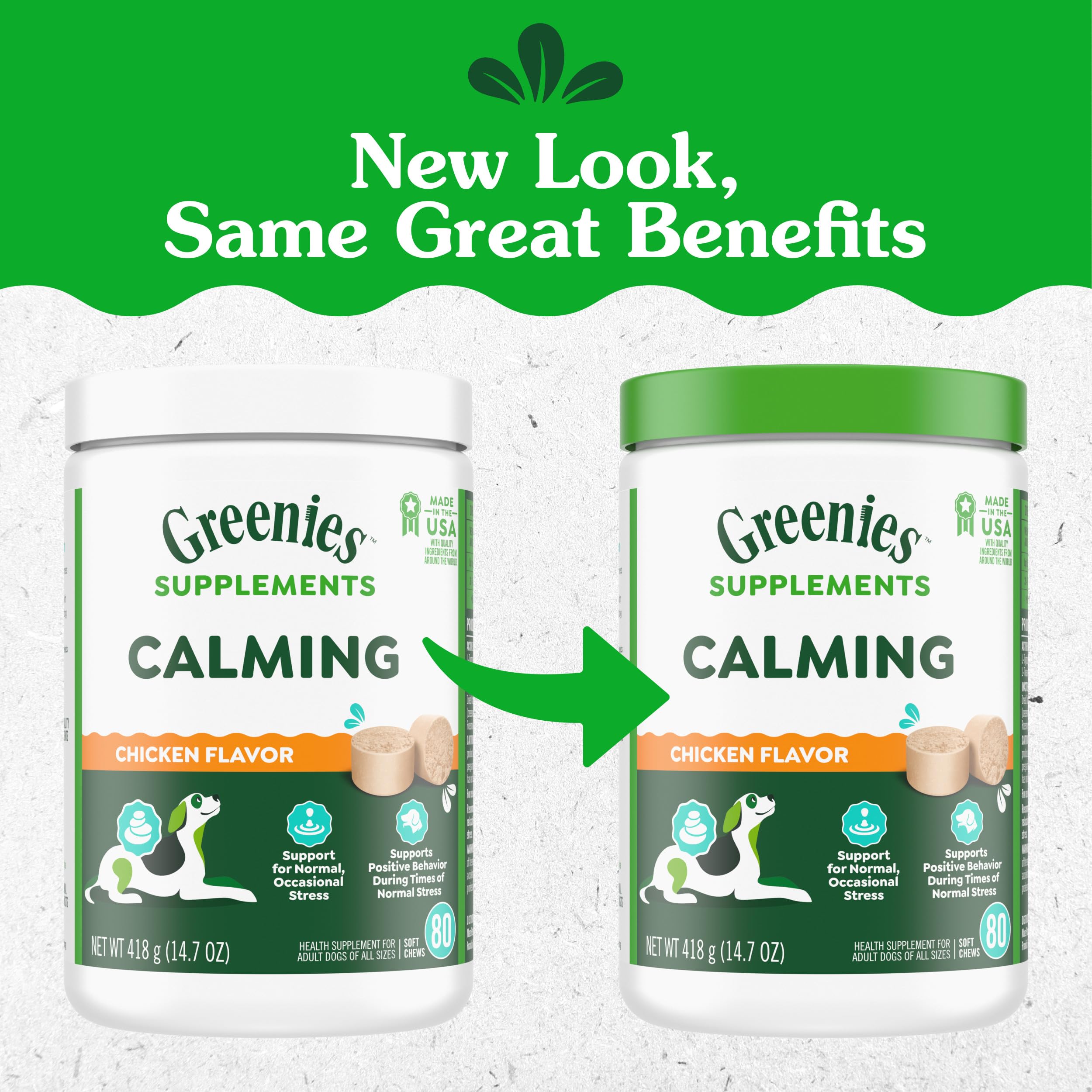Greenies Calming Chews en envase práctico para casa y viajes.