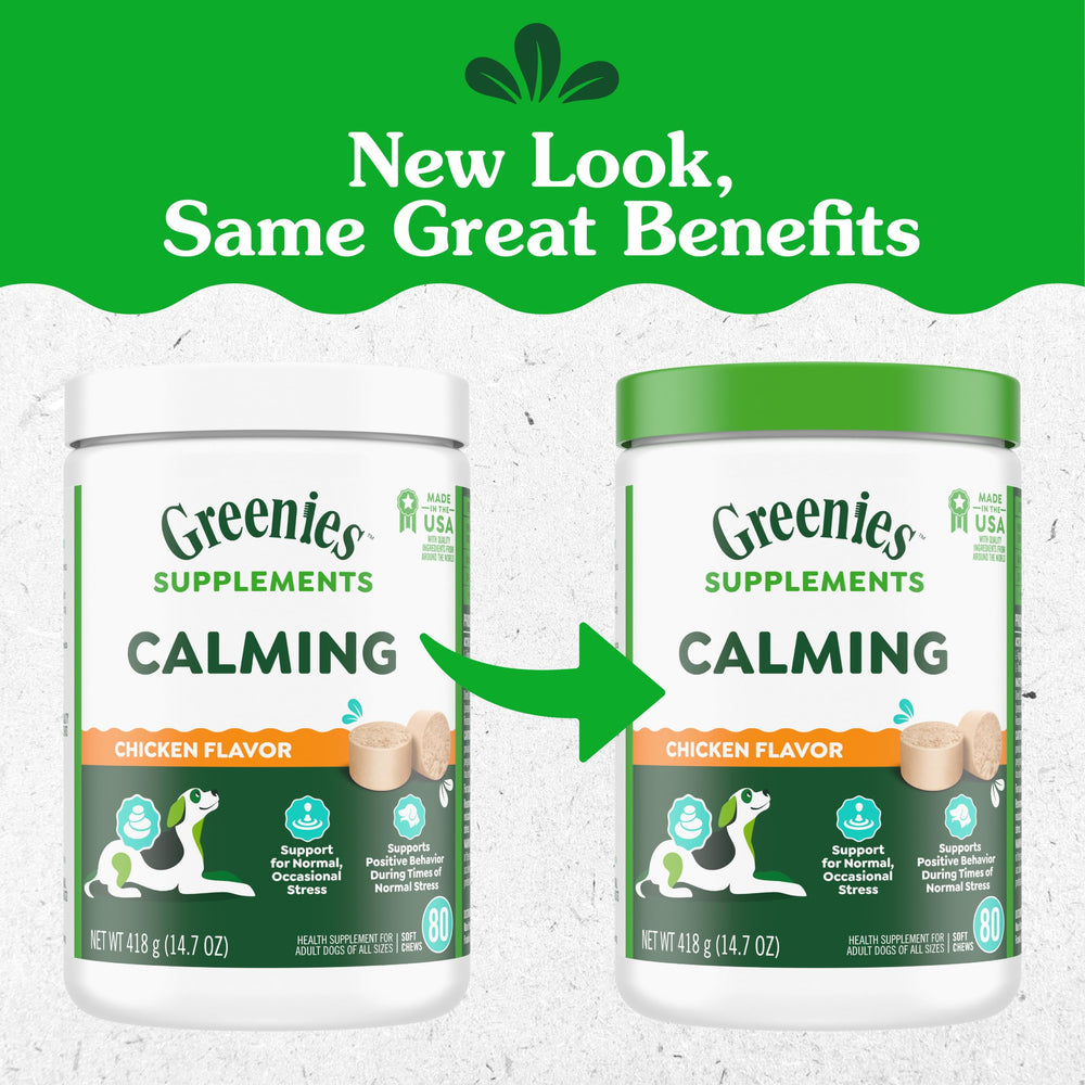 Greenies Calming Chews en envase práctico para casa y viajes.