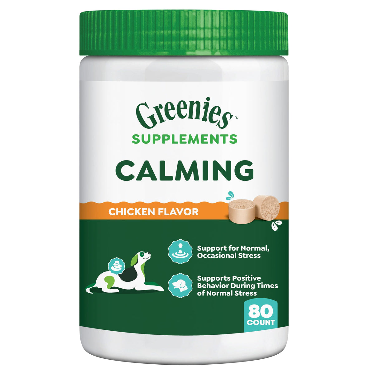 Greenies Calming Chews en bote, sabor pollo, bocados masticables para calma.