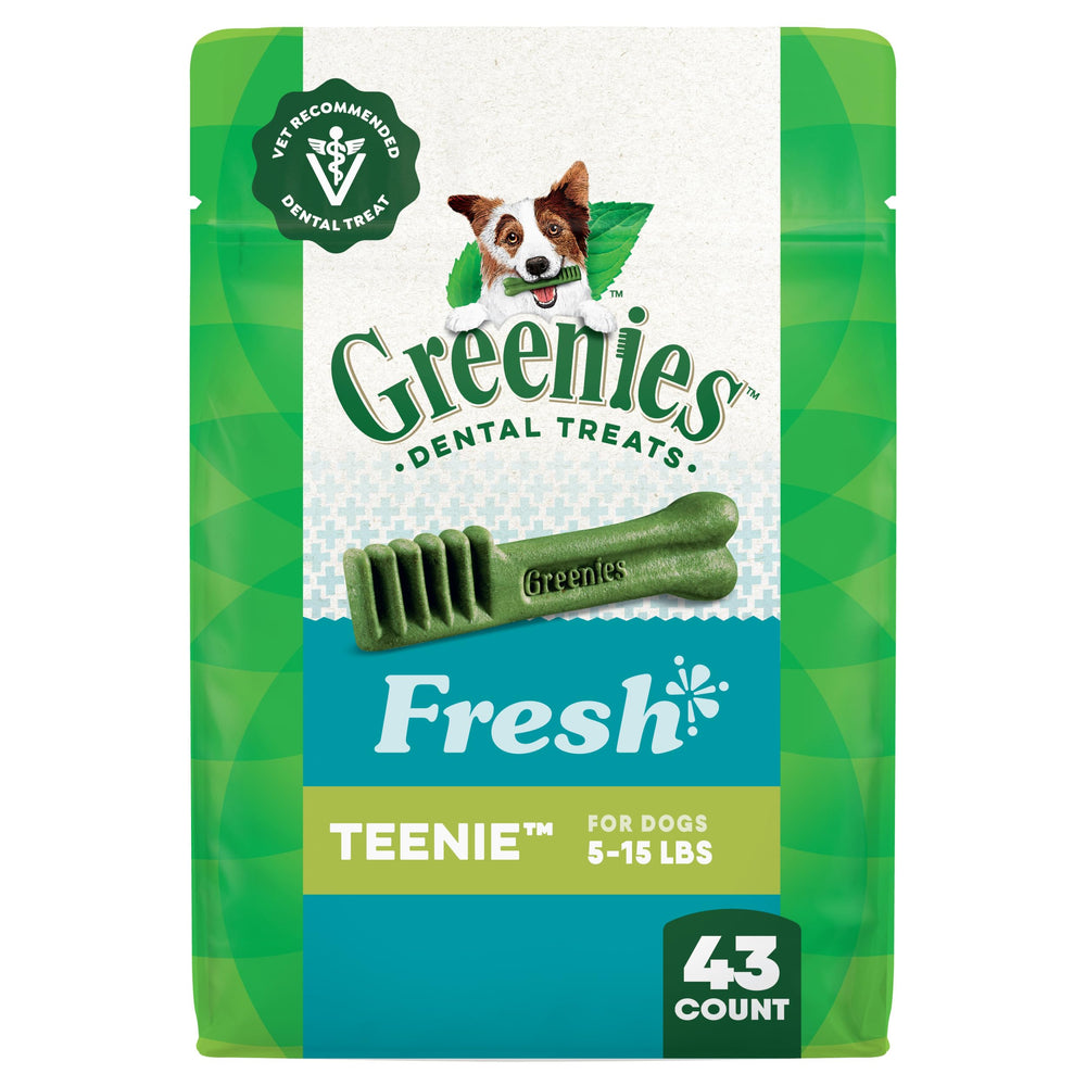 Greenies dentales, frente del paquete 12 oz, ayuda a la limpieza dental diaria.