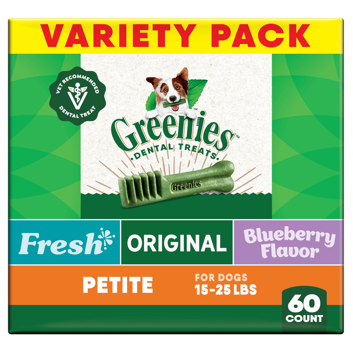 Greenies dentales para perros, sabor original, ayudan a mejorar el aliento y la limpieza bucal.