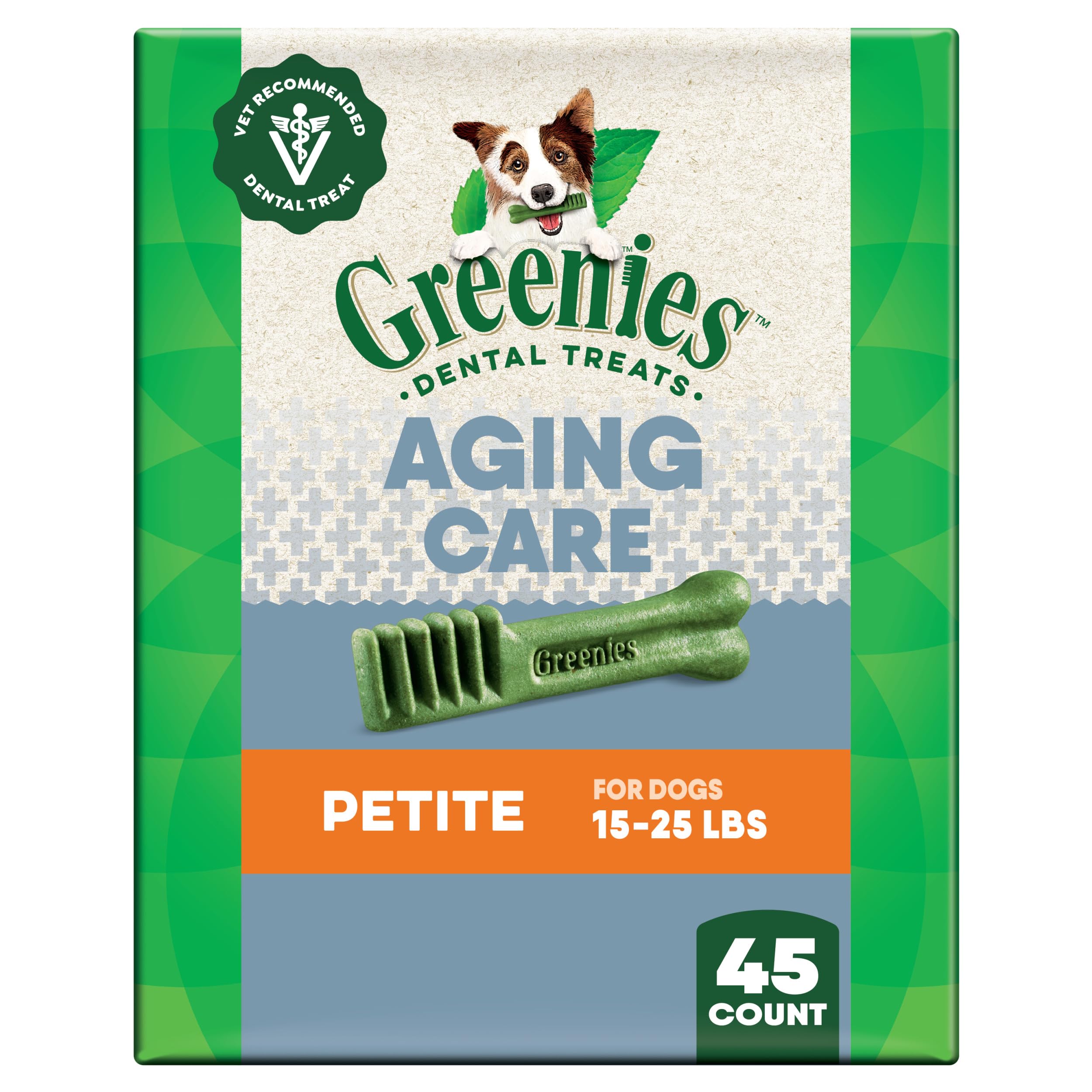 Greenies dentales para perros, paquete de 27 oz con 45 golosinas para cuidado oral.